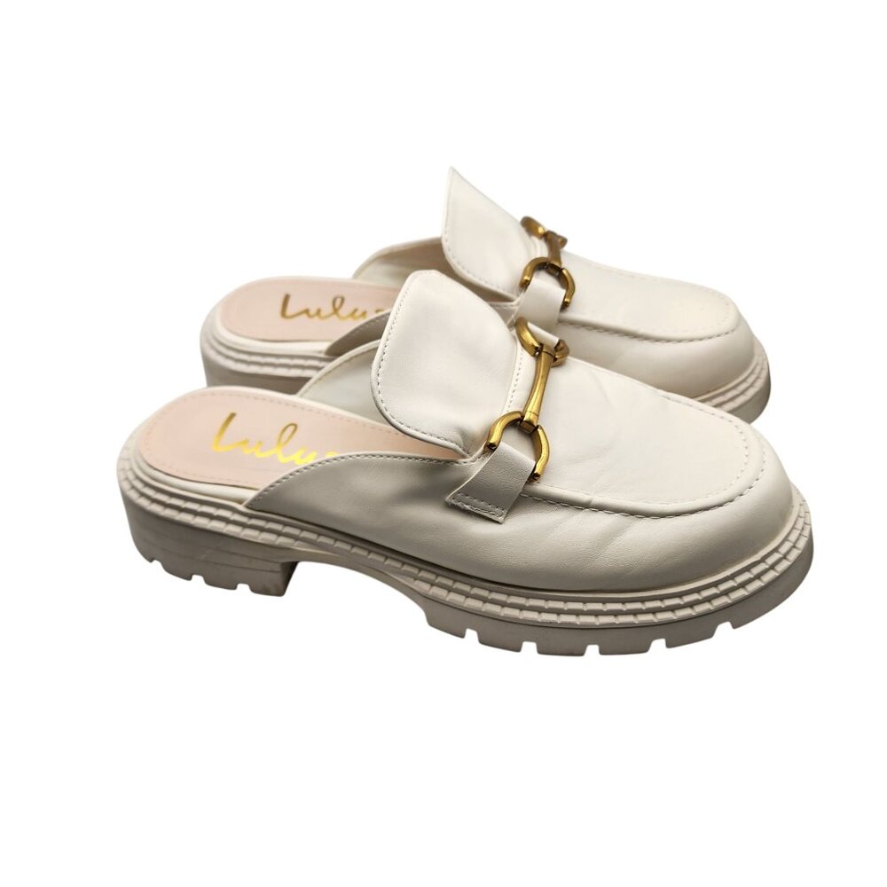 White Platform Slip-On Loafers With Gold Horsebit Detail By Lulus Size 7